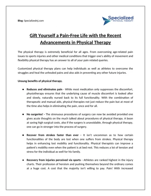 Gift Yourself a Pain-Free Life with the Recent Advancements in Physical Therapy