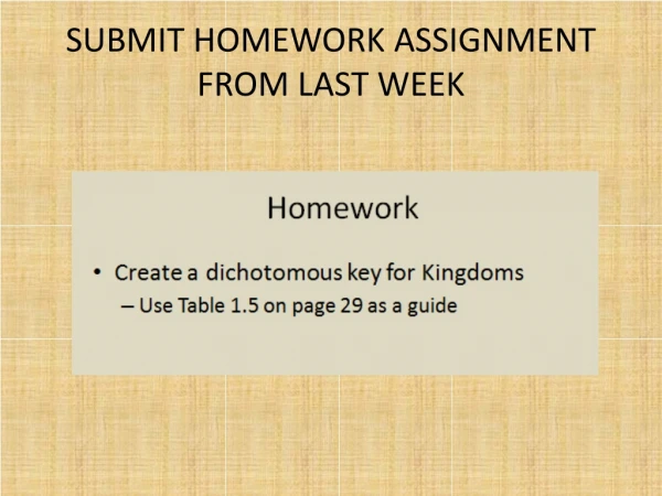 SUBMIT HOMEWORK ASSIGNMENT FROM LAST WEEK