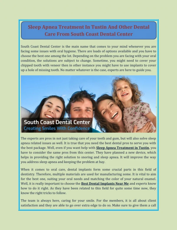 Sleep Apnea Treatment In Tustin And Other Dental Care From South Coast Dental Center