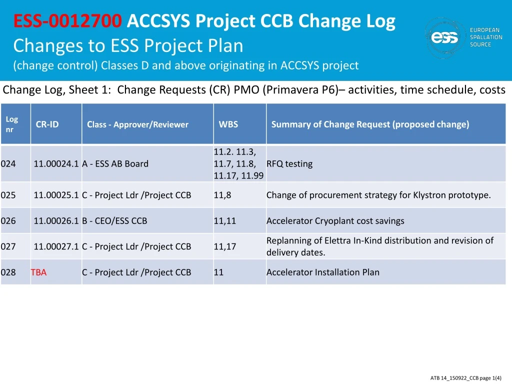 ess 0012700 accsys project ccb change log changes