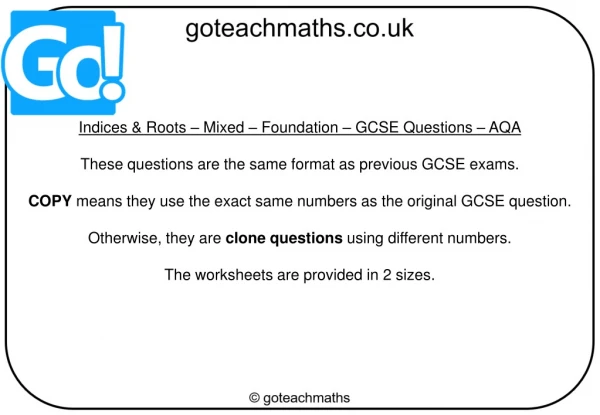 Indices &amp; Roots – Mixed – Foundation – GCSE Questions – AQA