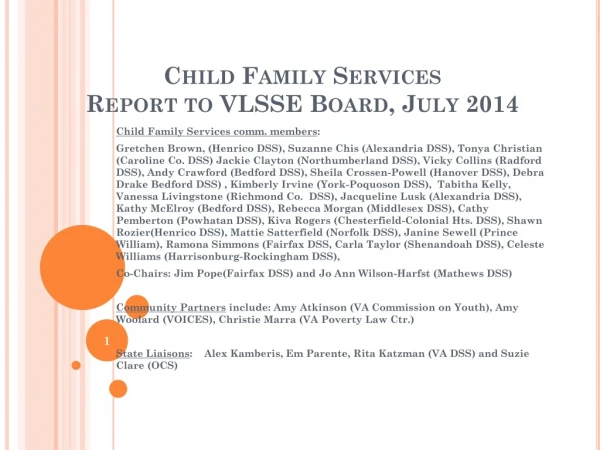 Child Family Services Report to VLSSE Board, July 2014
