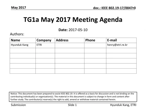 TG1a May 2017 Meeting Agenda