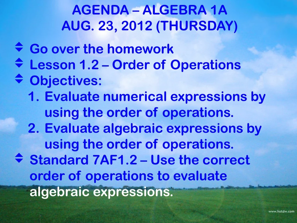 agenda algebra 1a aug 23 2012 thursday