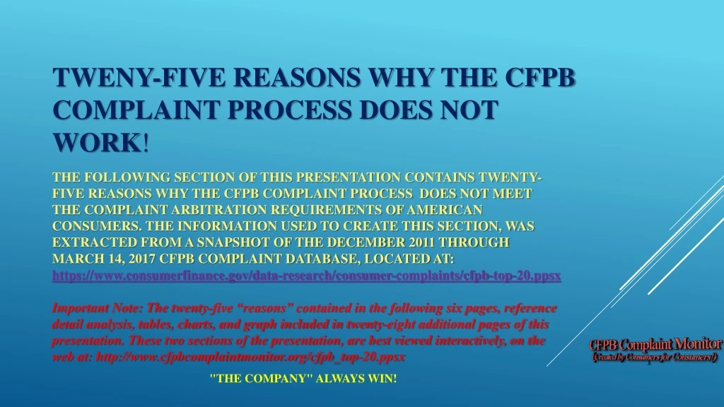 tweny five reasons why the cfpb complaint process does not work