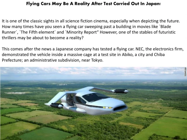 Flying Cars May Be A Reality After Test Carried Out In Japan!