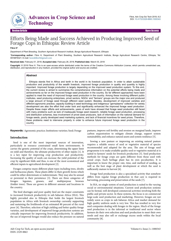 Efforts Being Made and Success Achieved in Producing Improved Seed of Forage Cops in Ethiopia: Review Article