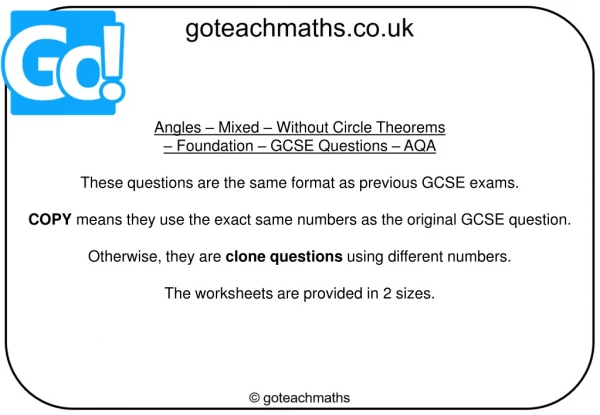 Angles – Mixed – Without Circle Theorems – Foundation – GCSE Questions – AQA