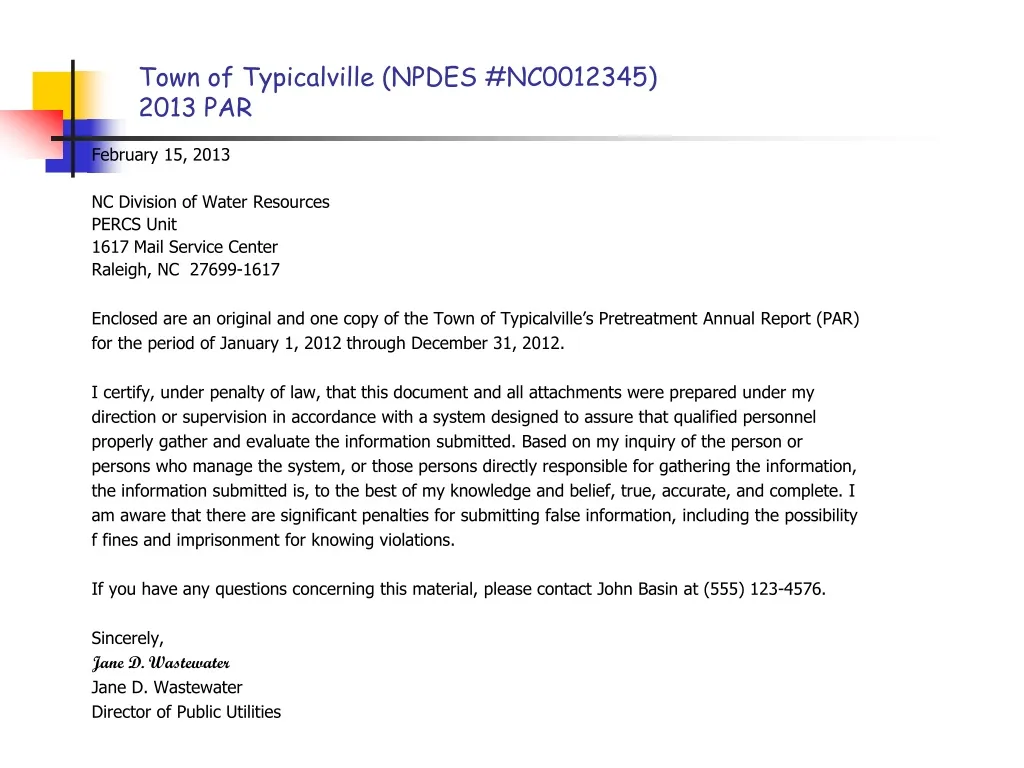 town of typicalville npdes nc0012345 2013 par