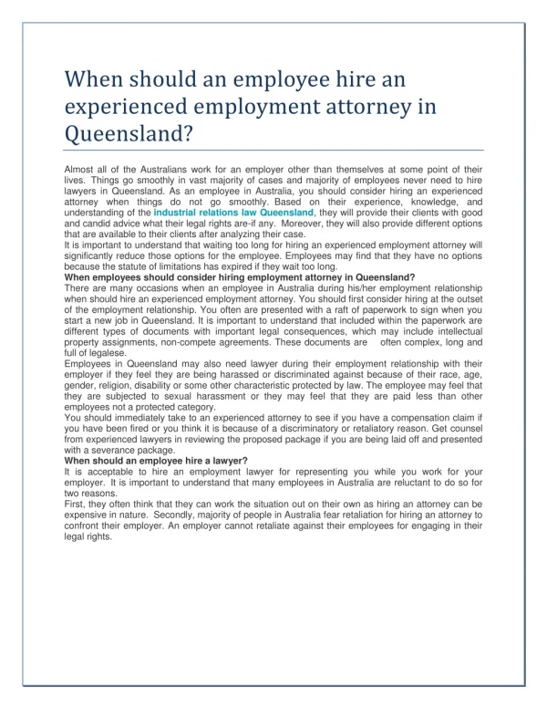When should an employee hire an experienced employment attorney in Queensland?