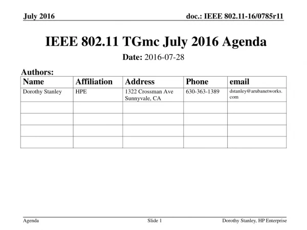 IEEE 802.11 TGmc July 2016 Agenda