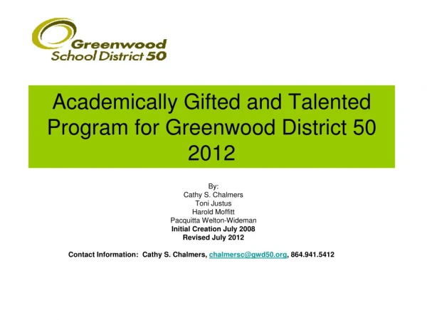 Academically Gifted and Talented Program for Greenwood District 50 2012