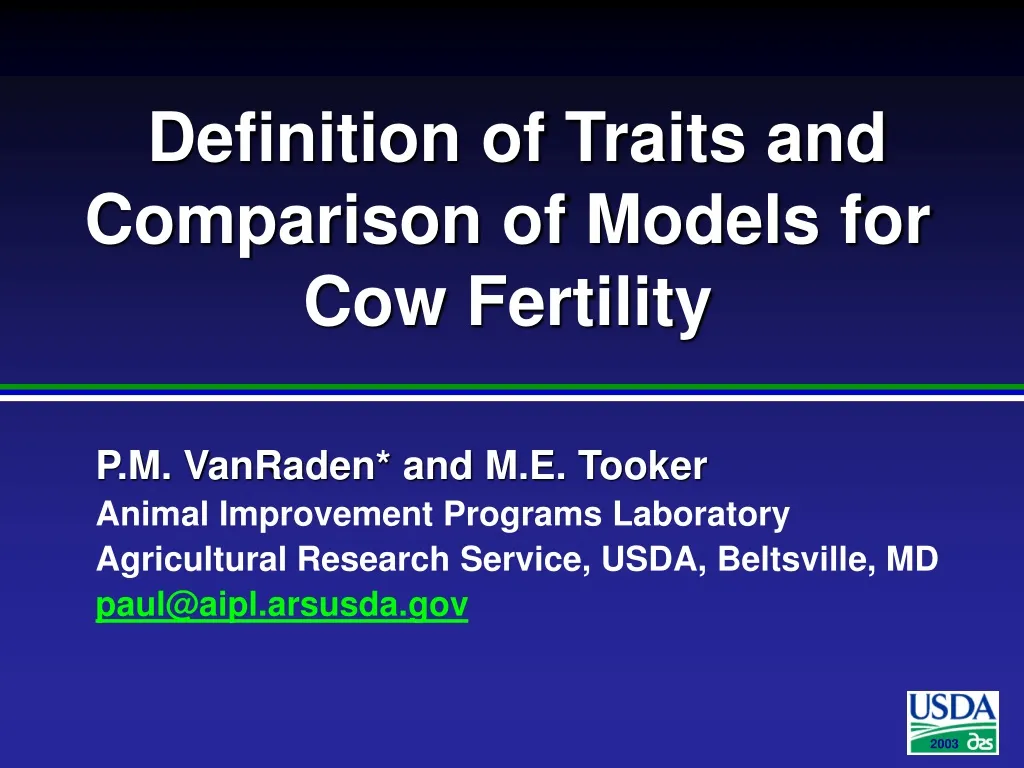 definition of traits and comparison of models for cow fertility