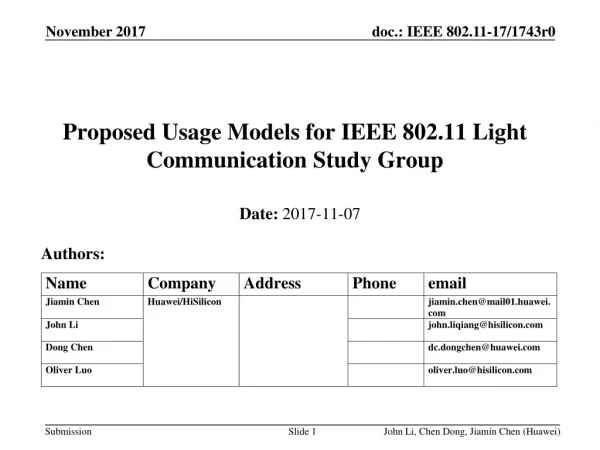 Proposed Usage Models for IEEE 802.11 Light Communication S tudy Group