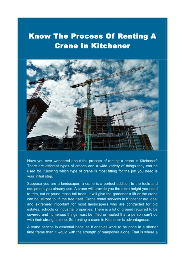 Know The Process Of Renting A Crane In Kitchener