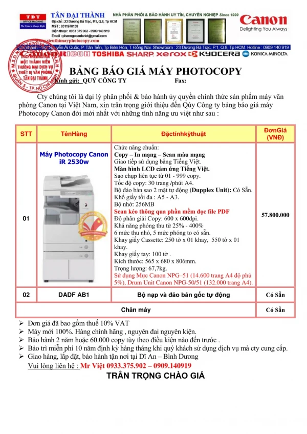 Máy Photocopy Canon iR 2530w giá 57.800.000 full Vat - Bảo hành tận nơi