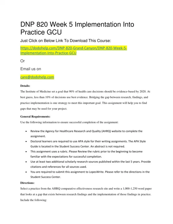 dnp 820 week 5 implementation into practice gcu