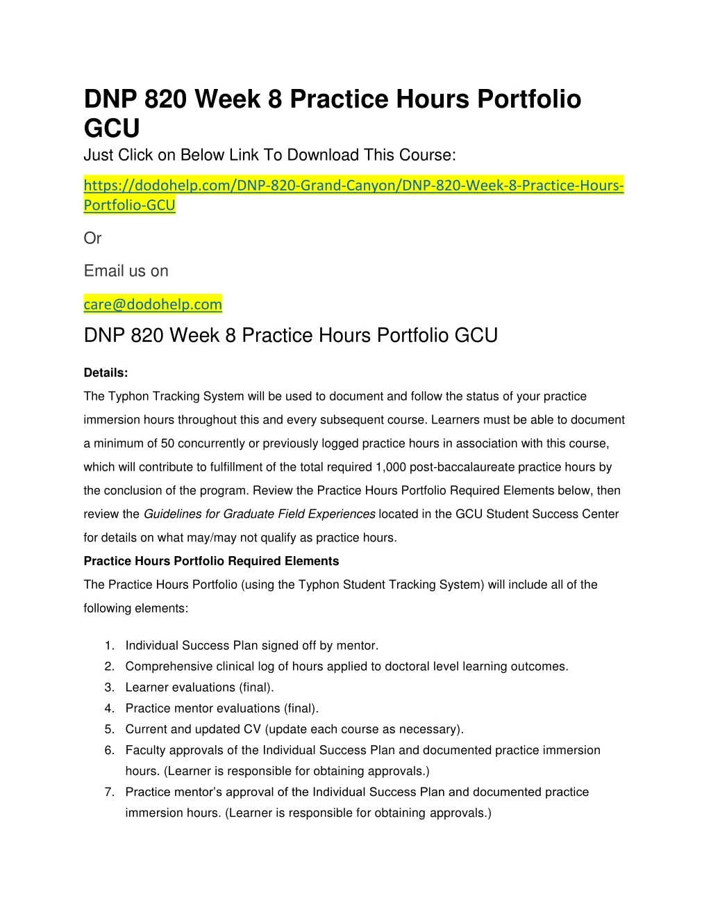 dnp 820 week 8 practice hours portfolio gcu just