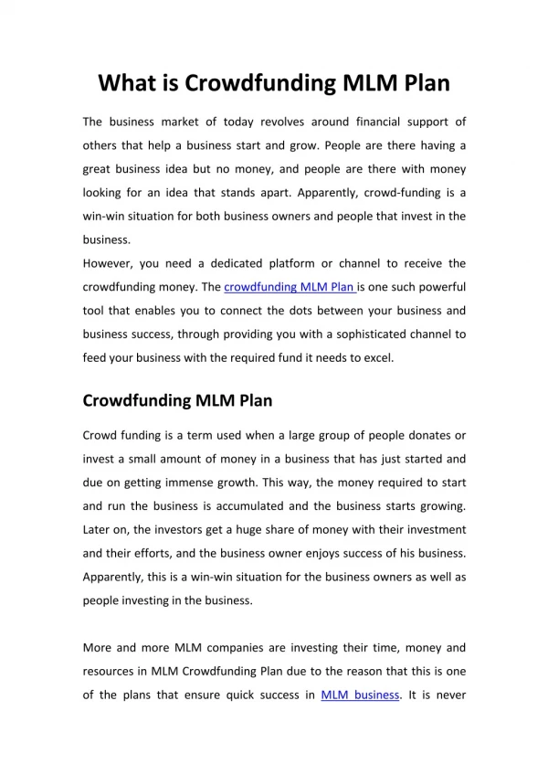 What is Crowdfunding MLM Plan - MLM Software Chennai