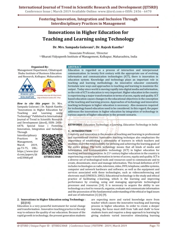 Innovations in Higher Education for Teaching and Learning using Technology