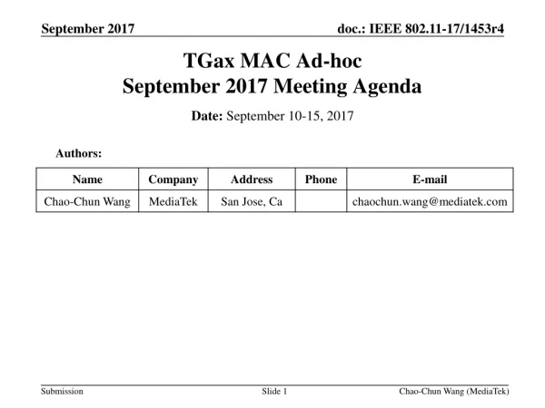 TGax MAC Ad-hoc September 2017 Meeting Agenda
