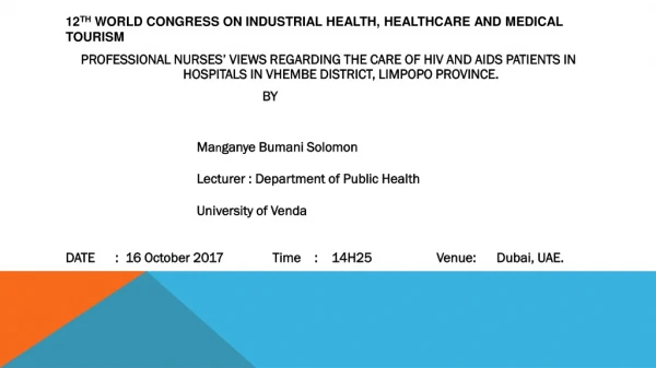 12 th world congress on Industrial Health, Healthcare and Medical Tourism
