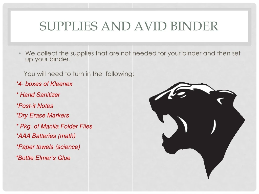 supplies and avid binder