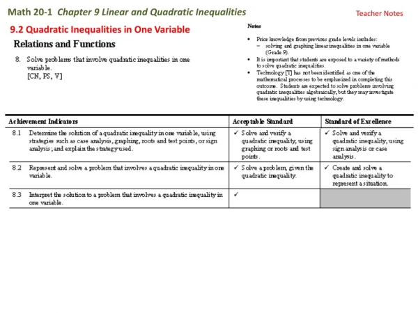 Math 20-1 Chapter 9 Linear and Quadratic Inequalities
