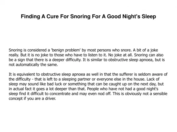 Finding A Cure For Snoring For A Good Night's Sleep