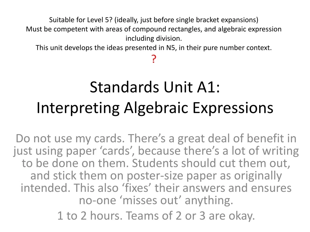 standards unit a1 interpreting algebraic expressions