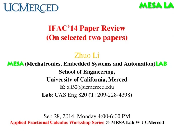 IFAC’14 Paper Review (On selected two papers)