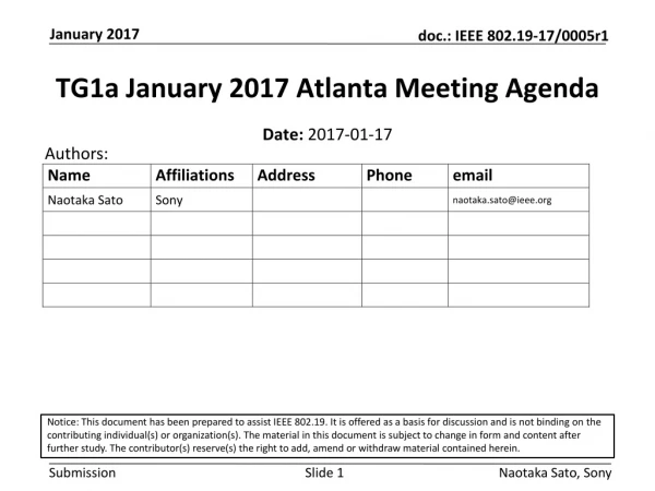 TG1a January 2017 Atlanta Meeting Agenda