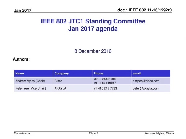 IEEE 802 JTC1 Standing Committee Jan 2017 agenda