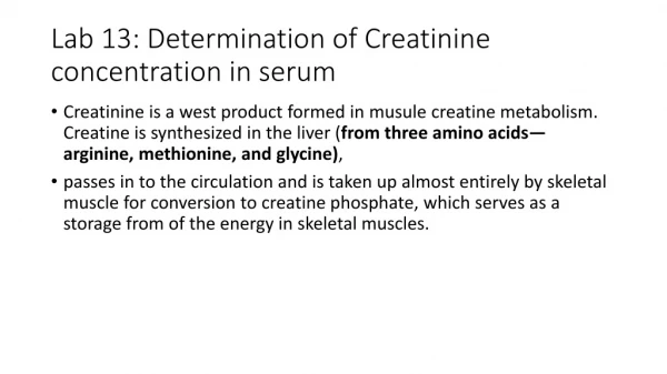 Lab 13: Determination of Creatinine concentration in serum
