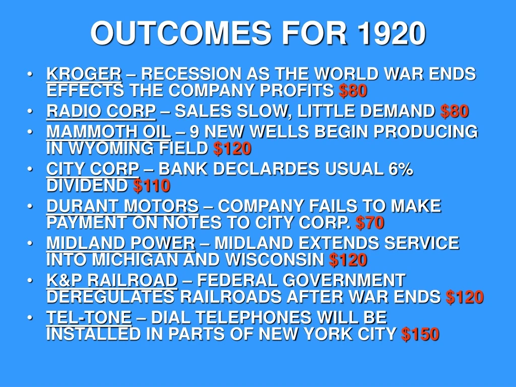 outcomes for 1920