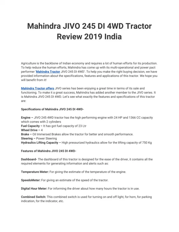 Mahindra JIVO 245 DI 4WD Tractor Review 2019 India
