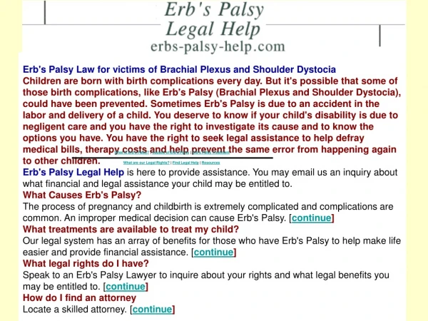Erb's Palsy Law for victims of Brachial Plexus and Shoulder Dystocia