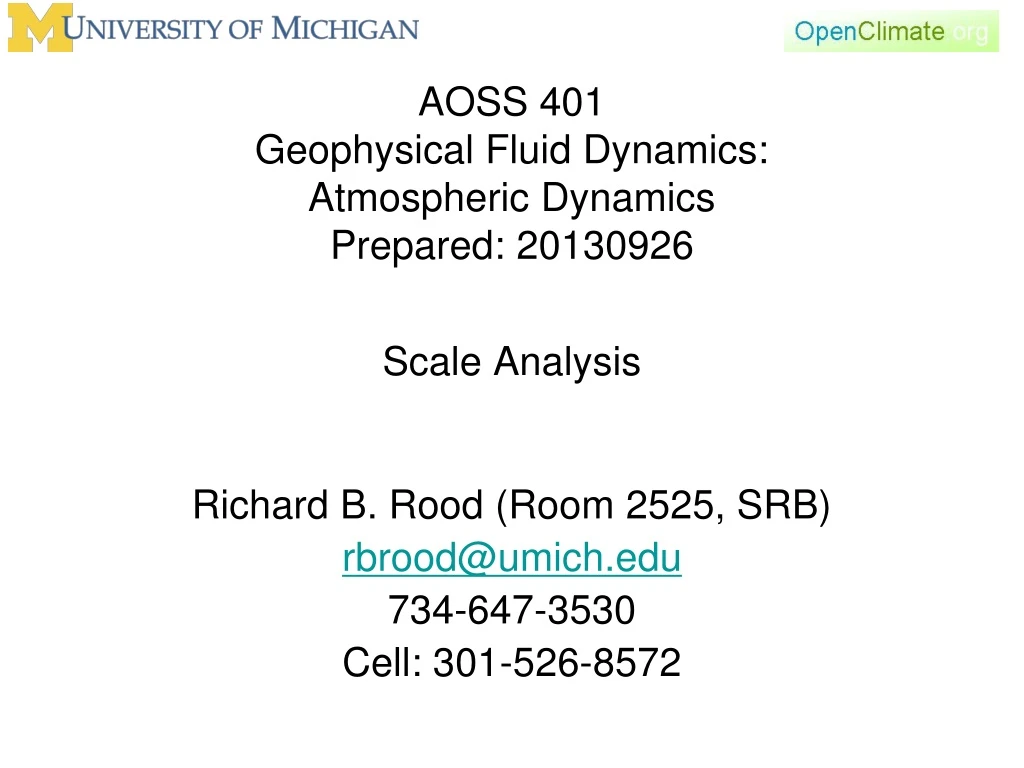 aoss 401 geophysical fluid dynamics atmospheric dynamics prepared 20130926 scale analysis