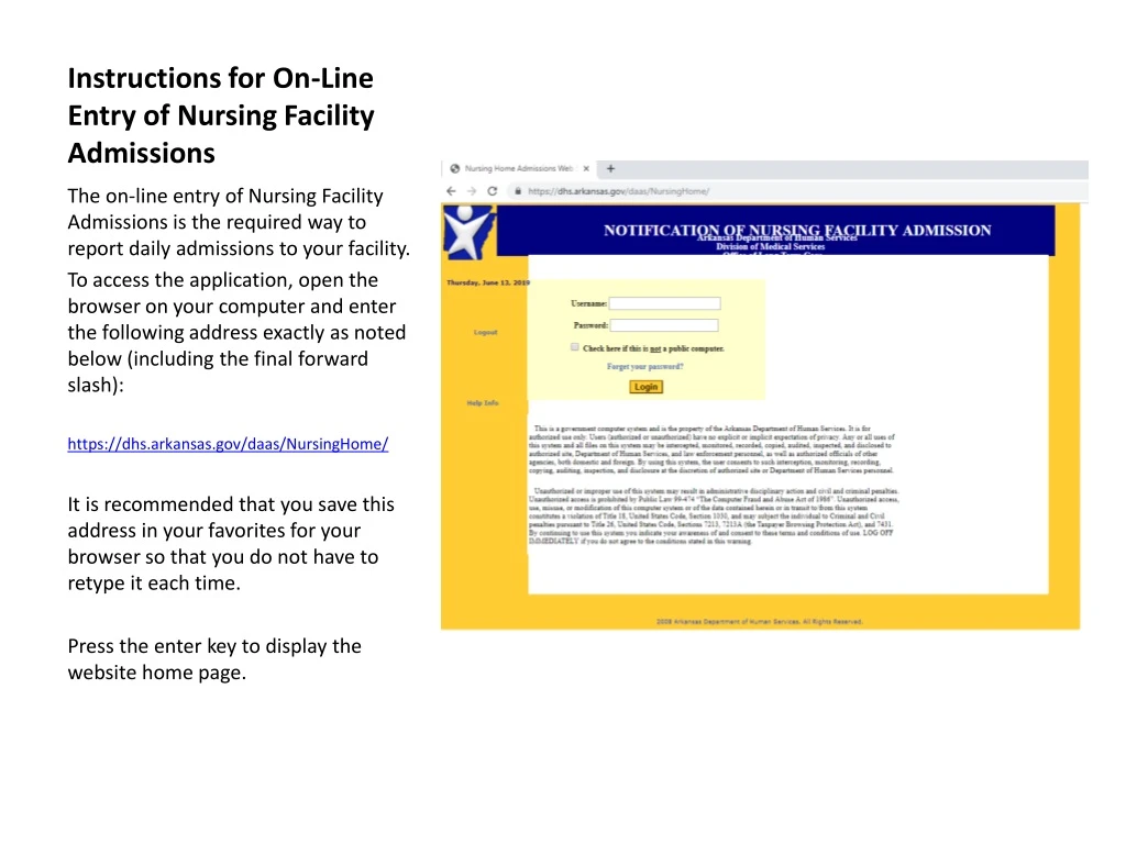 instructions for on line entry of nursing facility admissions