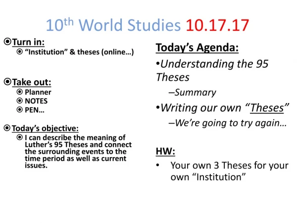 10 th World Studies 10.17.17
