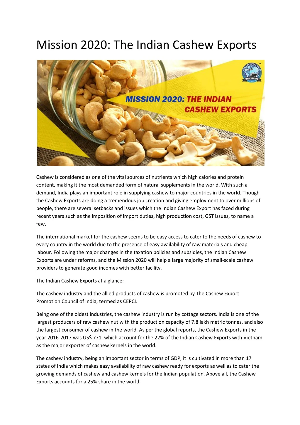 mission 2020 the indian cashew exports