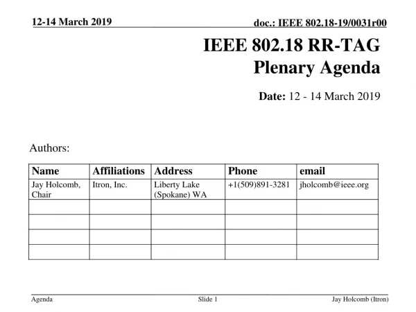 IEEE 802.18 RR-TAG Plenary Agenda