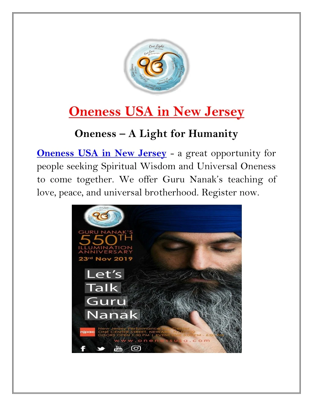 oneness usa in new jersey