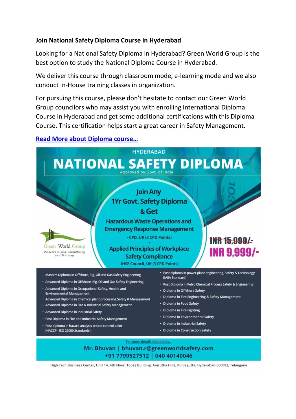 join national safety diploma course in hyderabad