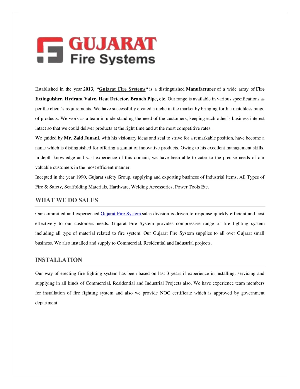 established in the year 2013 gujarat fire systems