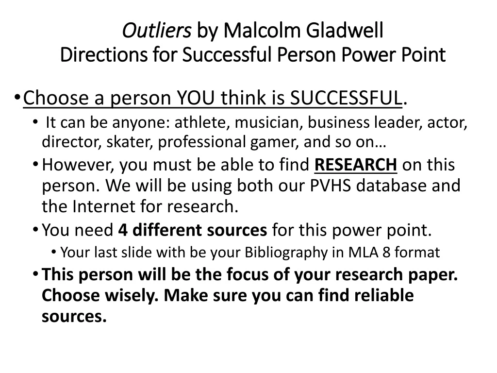 outliers by malcolm gladwell directions for successful person power point