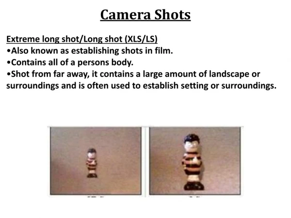 Extreme long shot/Long shot (XLS/LS) Also known as establishing shots in film.