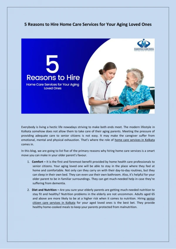 5 Reasons to Hire Home Care Services for Your Aging Loved Ones