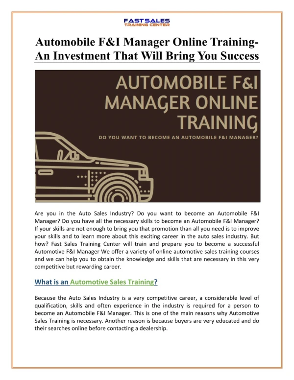 Automobile F&I Manager Online Training - An Investment That Will Bring You Success