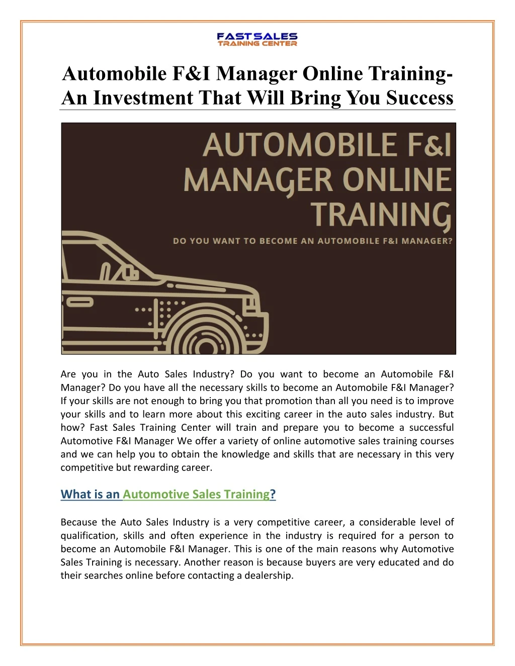 automobile f i manager online training